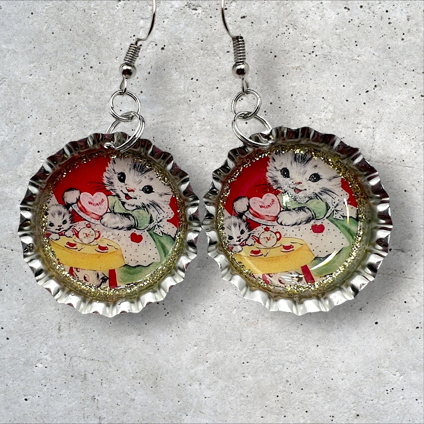 Retro Valentines Day Sweet Kitten Bottle Cap Earrings