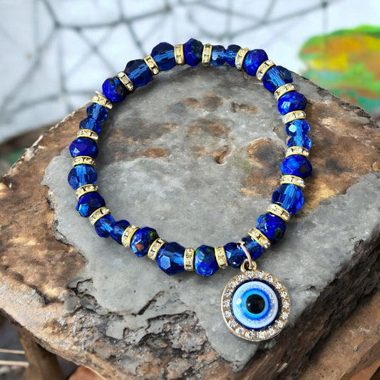 Evil Eye Royal Blue Faceted Glass Bead Bracelet