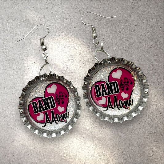 Pink Band Mom Bottle Cap Earrings – Glitter Heart Music Note Dangle Jewelry