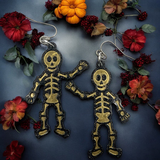 Brown & Gold Glitter Resin Skeleton Halloween Earrings