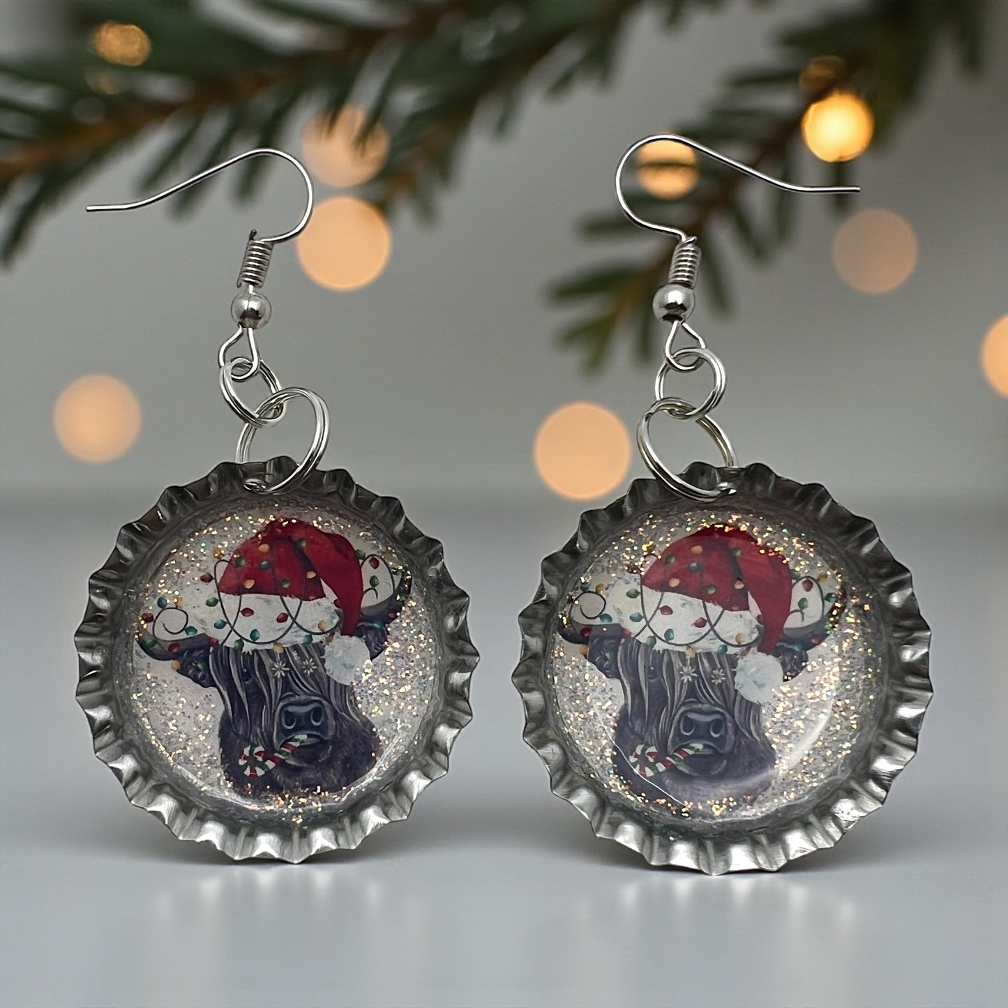 Christmas Highland Cow Bottle Cap Earrings