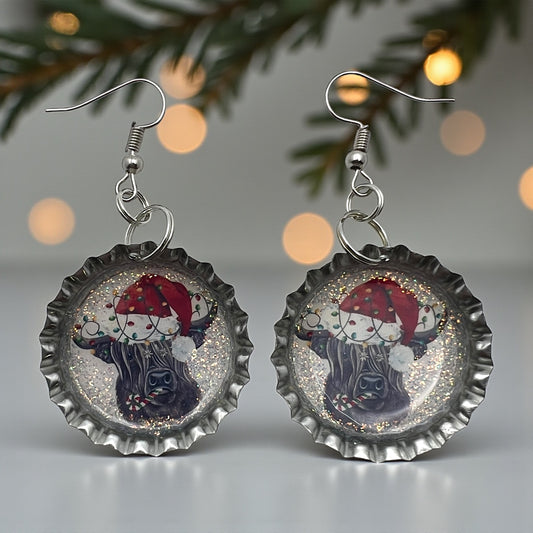 Christmas Highland Cow Bottle Cap Earrings