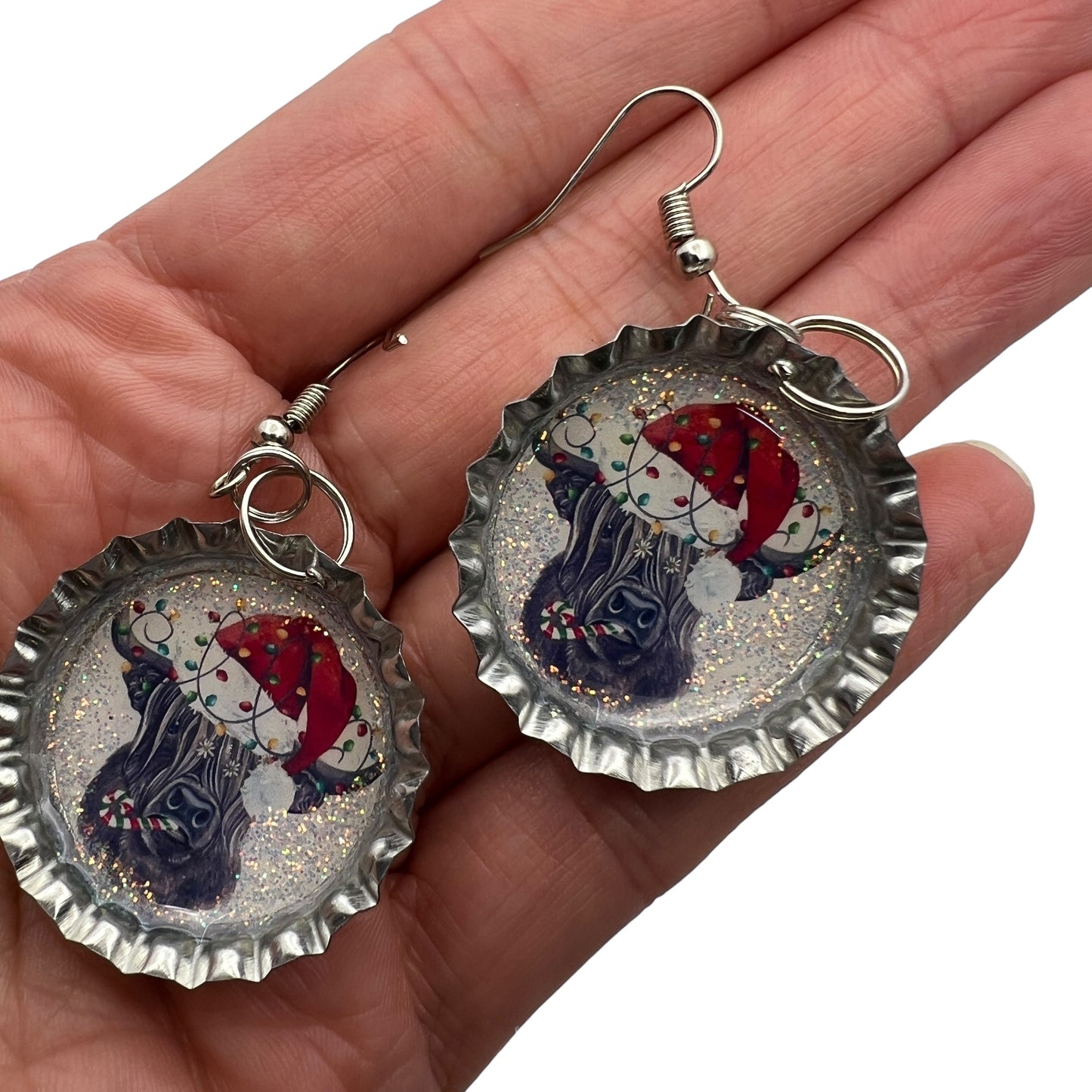 Christmas Highland Cow Bottle Cap Earrings