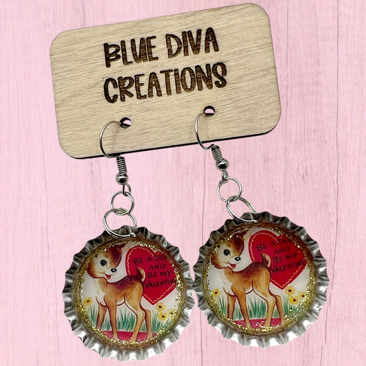 Vintage Valentine Deer Bottle Cap Earrings