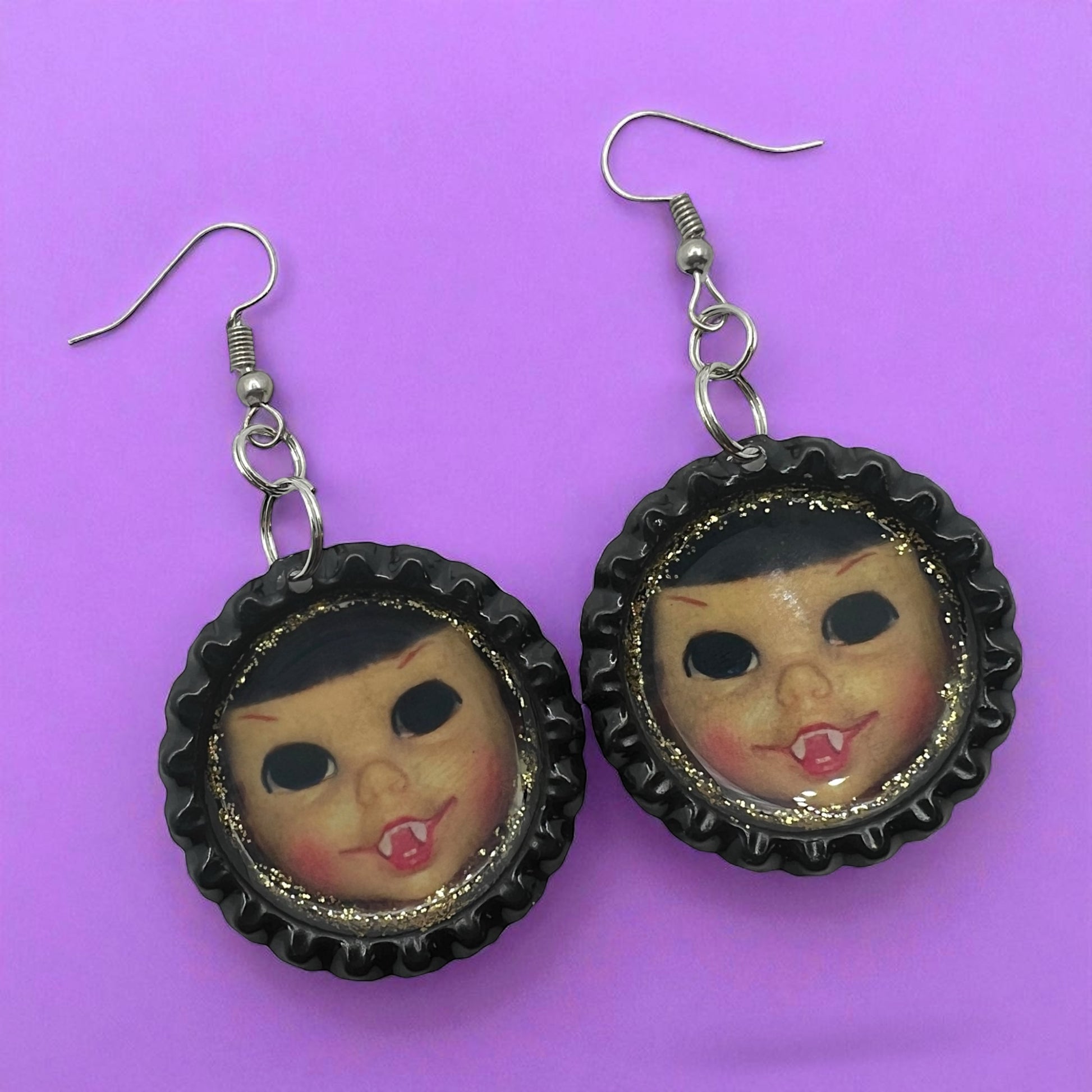 Creepy Doll Face Earrings – Handmade Spooky Bottle Cap Jewelry