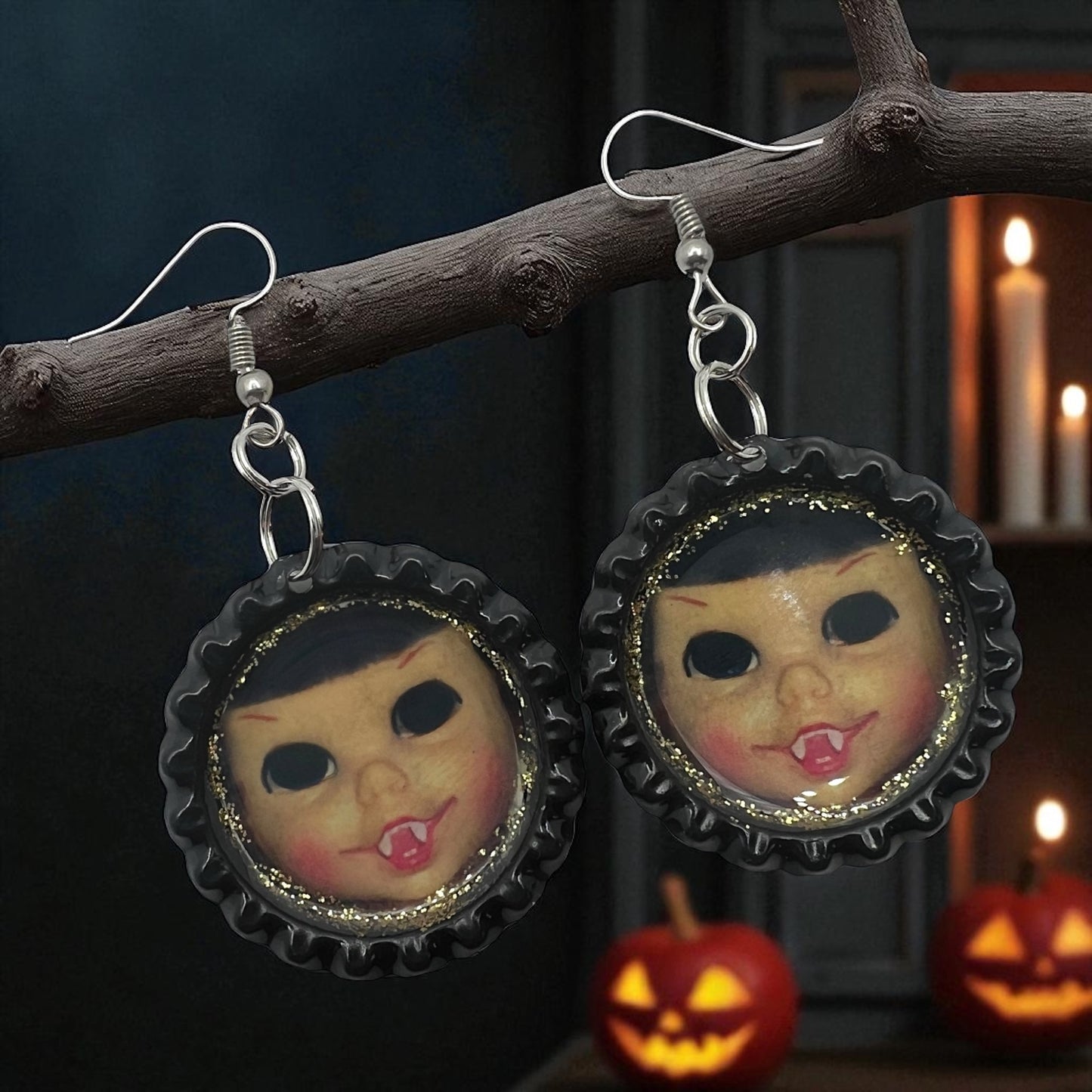 Creepy Doll Face Earrings – Handmade Spooky Bottle Cap Jewelry