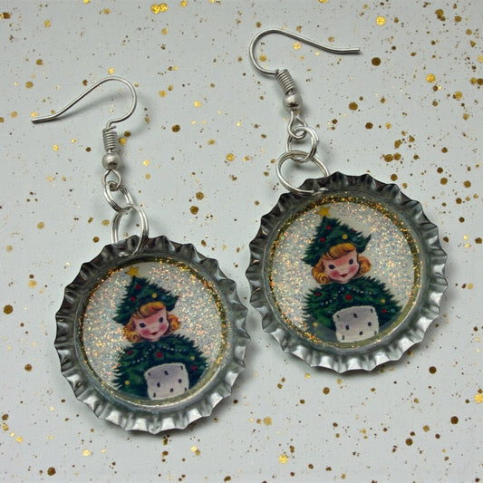 Vintage Christmas Tree Girl Bottle Cap Earrings