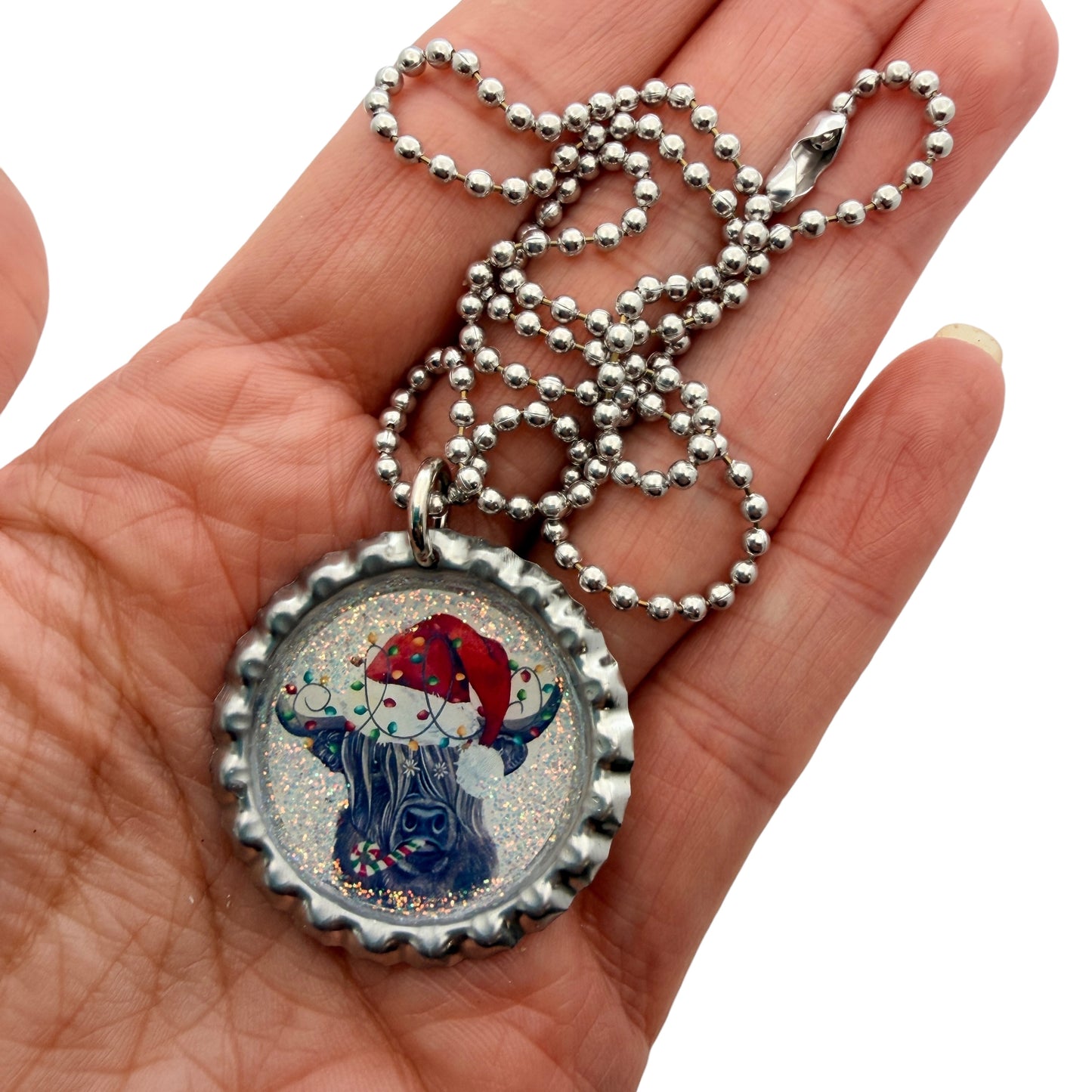 Christmas Cow Bottle Cap Necklace