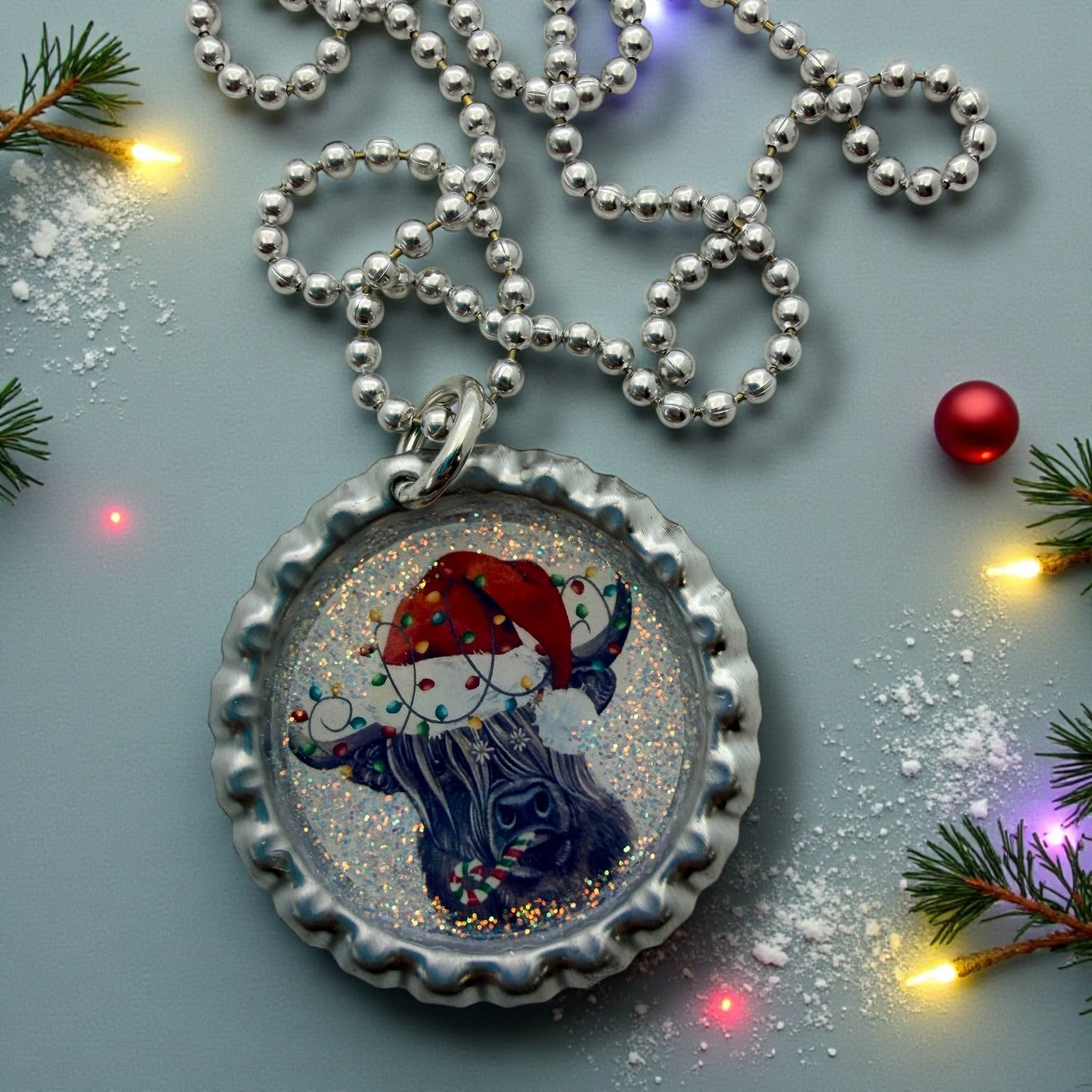 Christmas Cow Bottle Cap Necklace