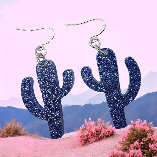 Blue Southwest Cactus Glitter Resin Earrings