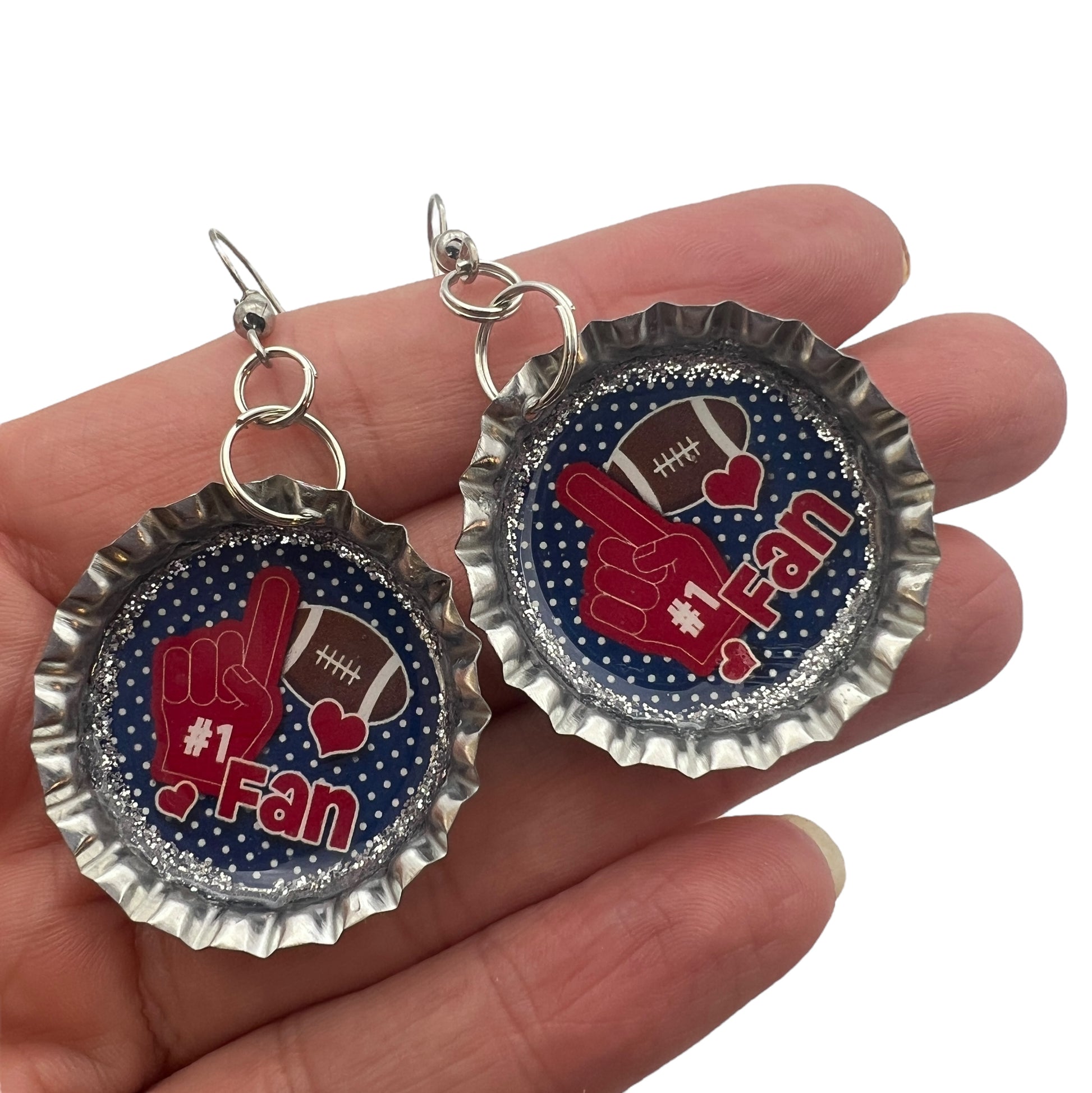 Blue & Red Football #1 Fan Bottle Cap Earrings – Handmade Game Day Jewelry
