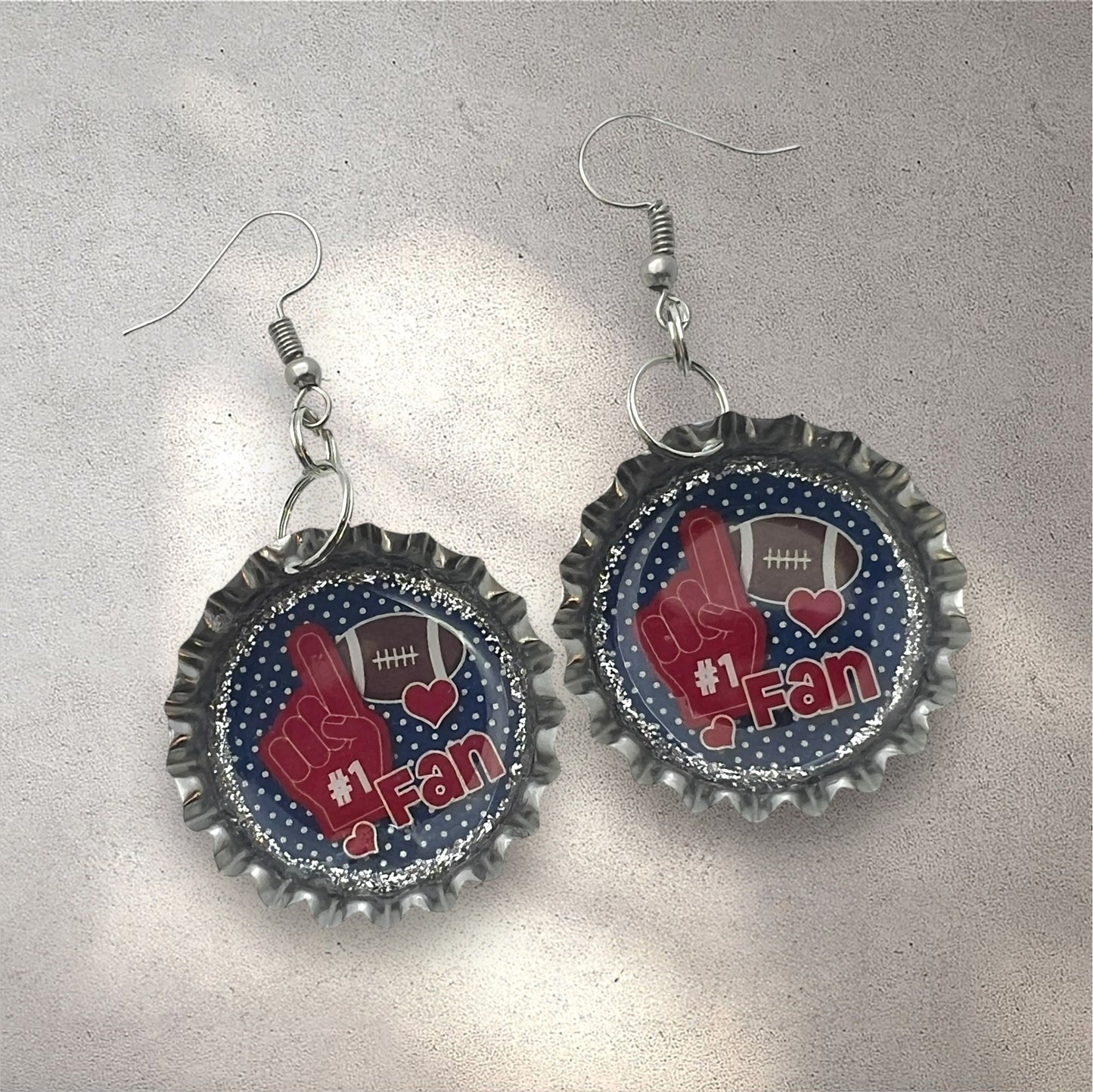 Blue & Red Football #1 Fan Bottle Cap Earrings – Handmade Game Day Jewelry
