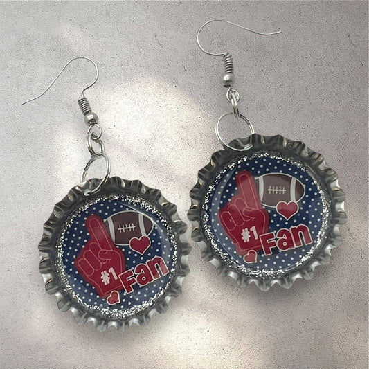 Blue & Red Football #1 Fan Bottle Cap Earrings – Handmade Game Day Jewelry
