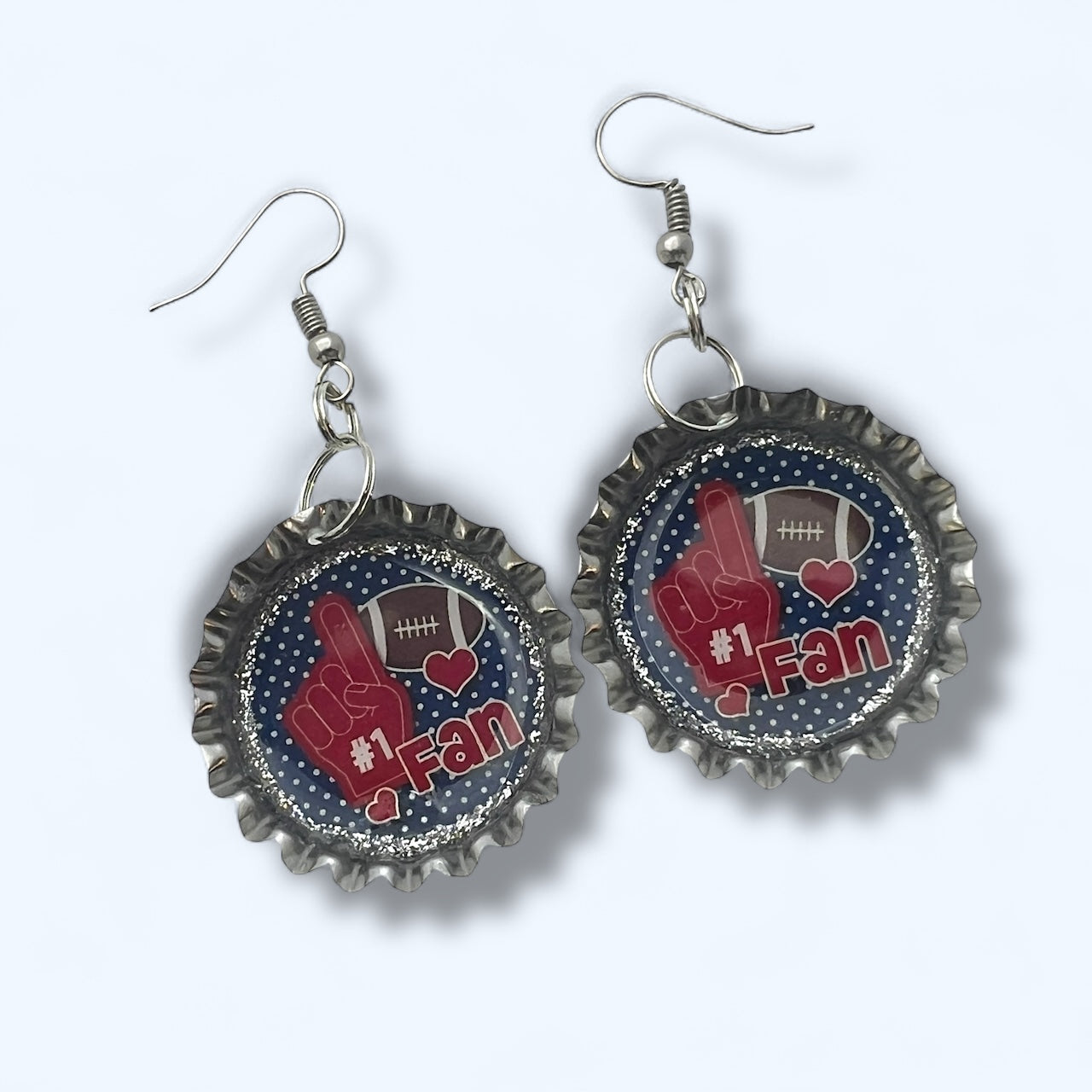 Blue & Red Football #1 Fan Bottle Cap Earrings – Handmade Game Day Jewelry