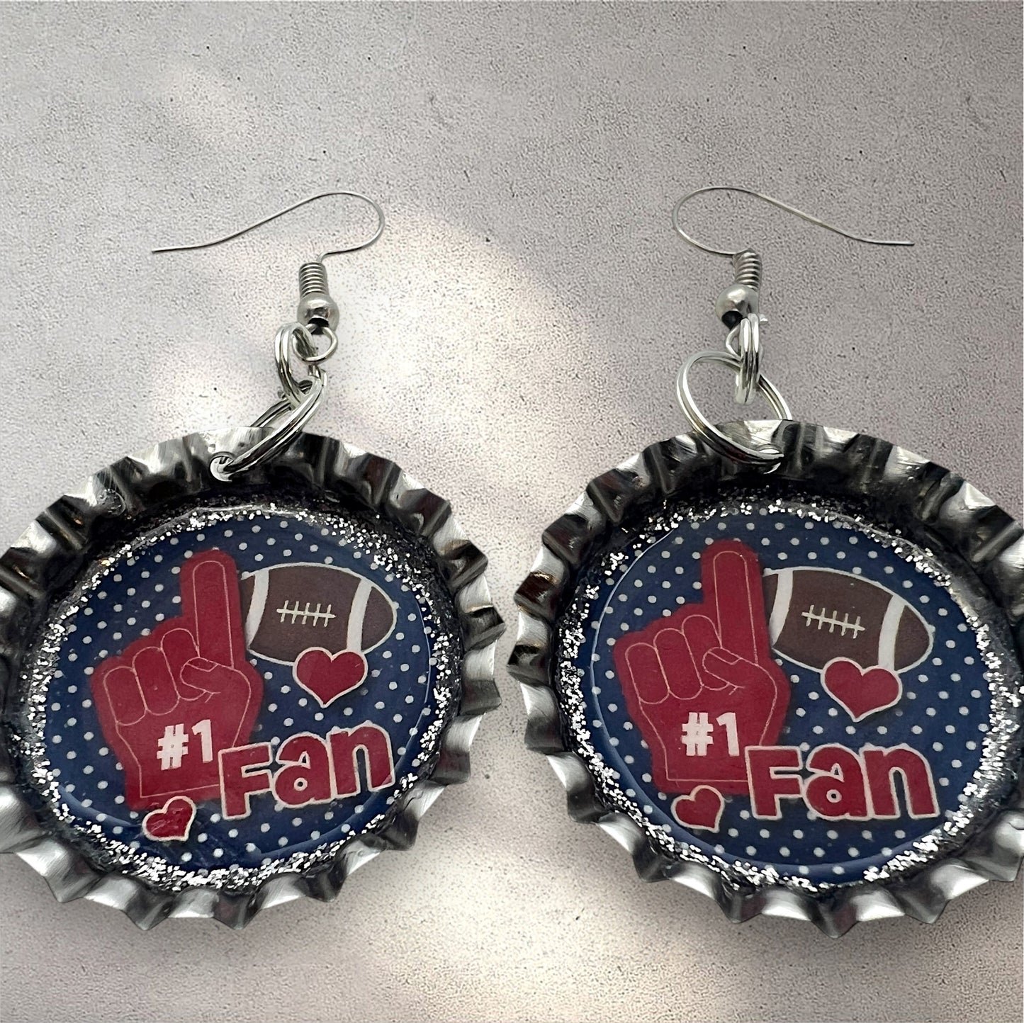 Blue & Red Football #1 Fan Bottle Cap Earrings – Handmade Game Day Jewelry