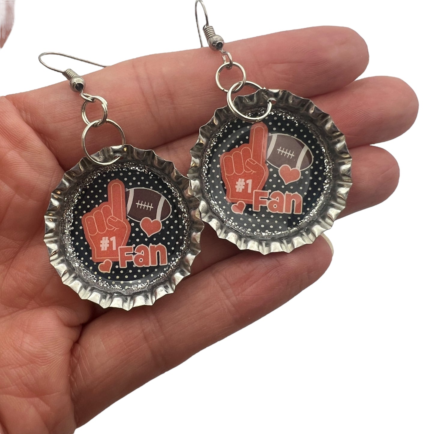 Orange & Black Football #1 Fan Bottle Cap Earrings – Handmade Game Day Jewelry