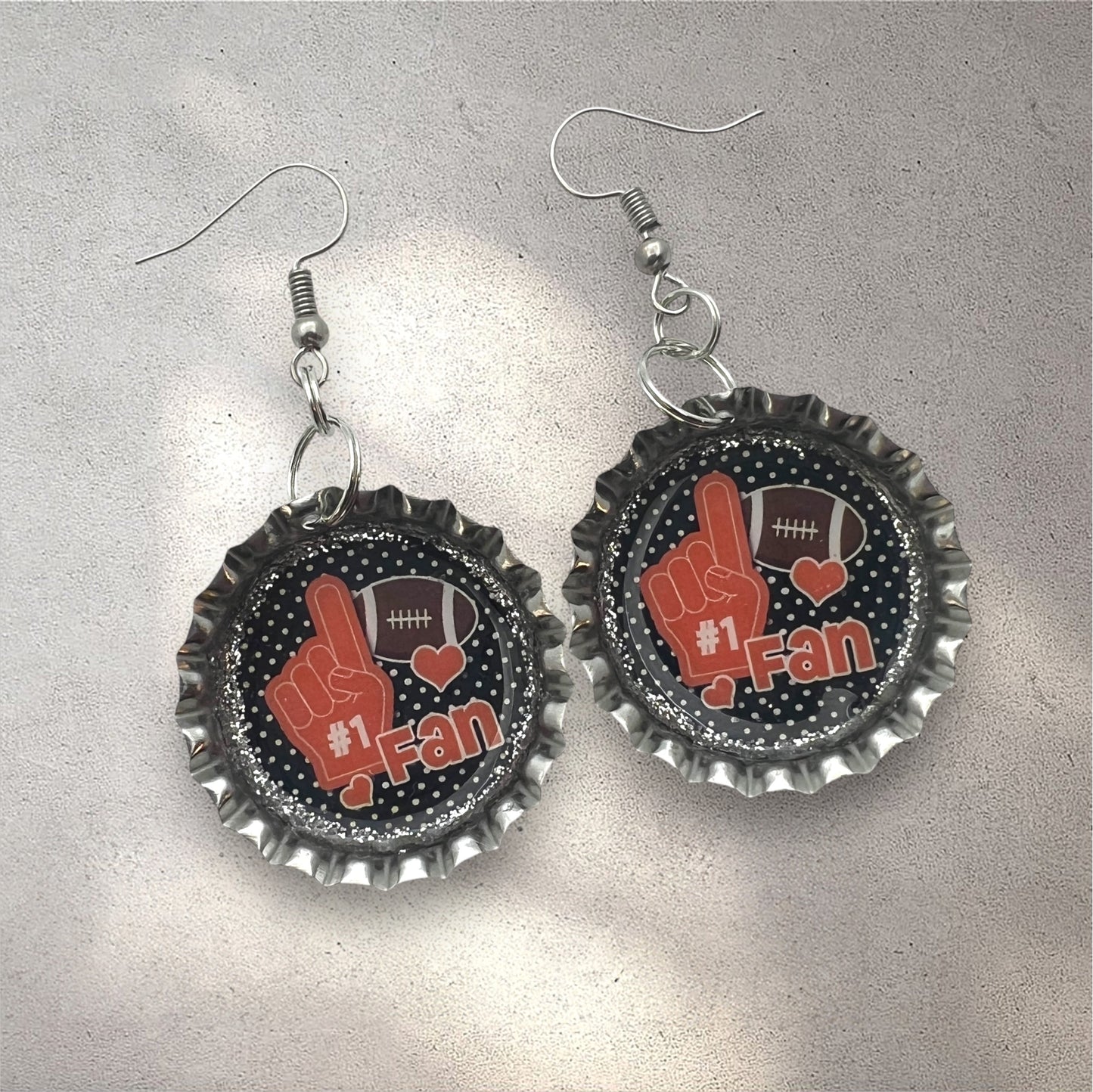 Orange & Black Football #1 Fan Bottle Cap Earrings – Handmade Game Day Jewelry