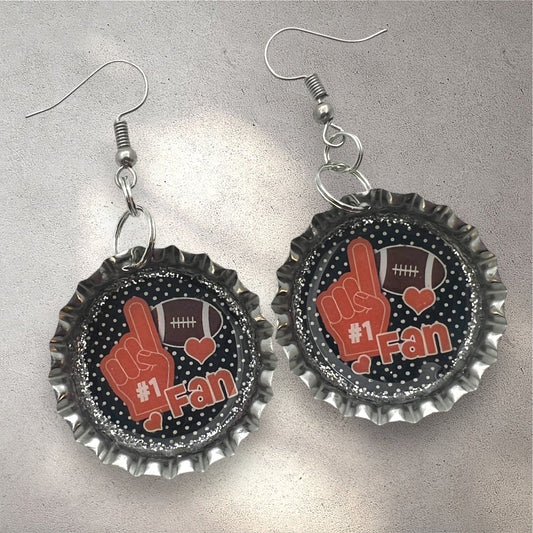 Orange & Black Football #1 Fan Bottle Cap Earrings – Handmade Game Day Jewelry