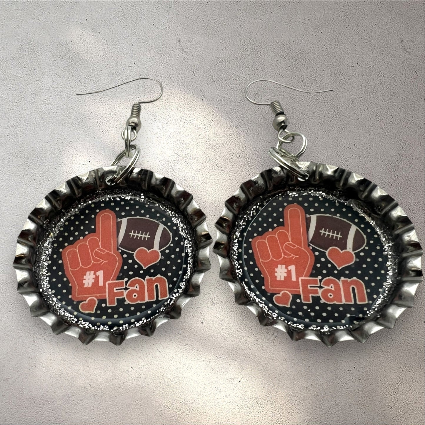 Orange & Black Football #1 Fan Bottle Cap Earrings – Handmade Game Day Jewelry