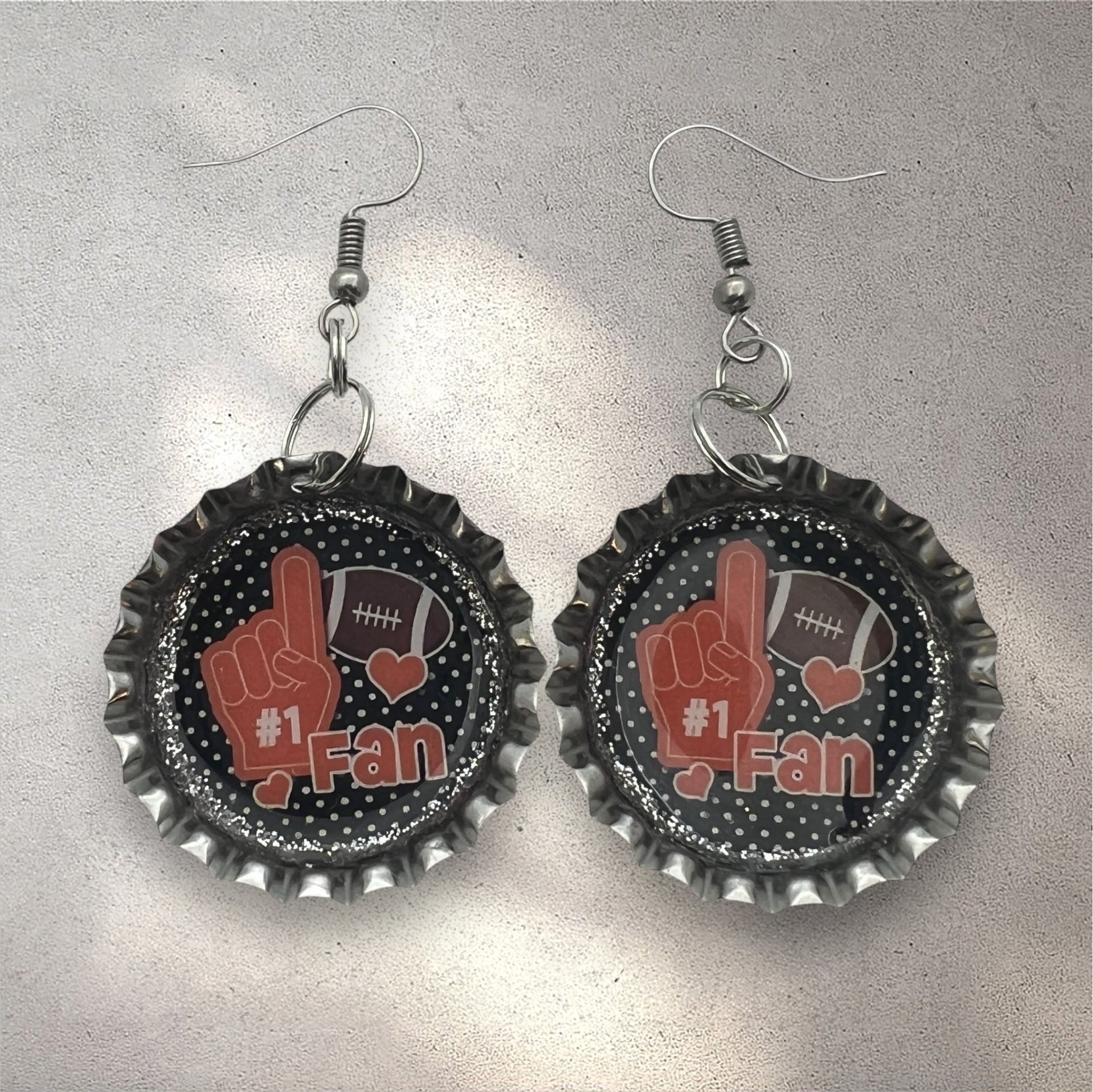 Orange & Black Football #1 Fan Bottle Cap Earrings – Handmade Game Day Jewelry