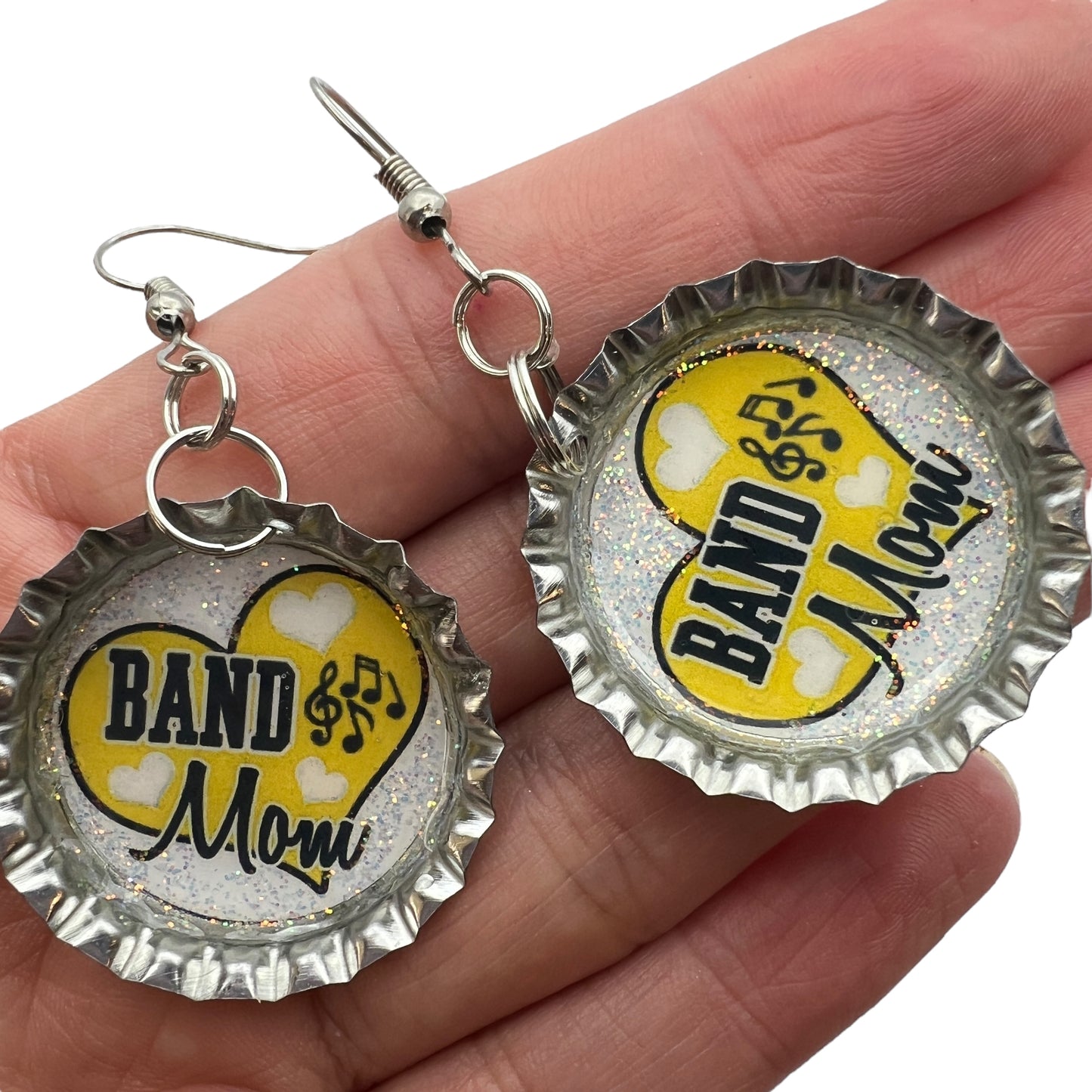 Yellow Band Mom Bottle Cap Earrings – Glitter Heart Music Note Dangle Jewelry