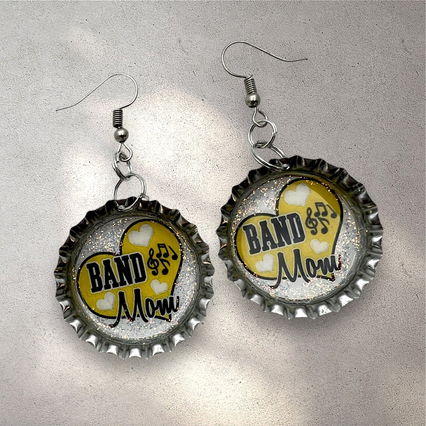 Yellow Band Mom Bottle Cap Earrings – Glitter Heart Music Note Dangle Jewelry