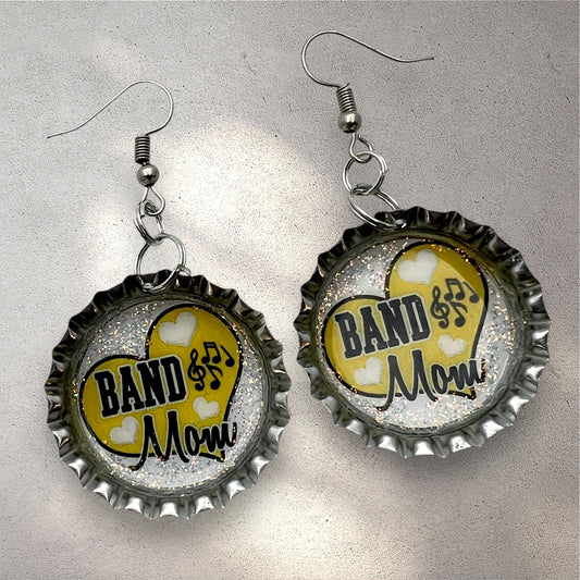 Yellow Band Mom Bottle Cap Earrings – Glitter Heart Music Note Dangle Jewelry