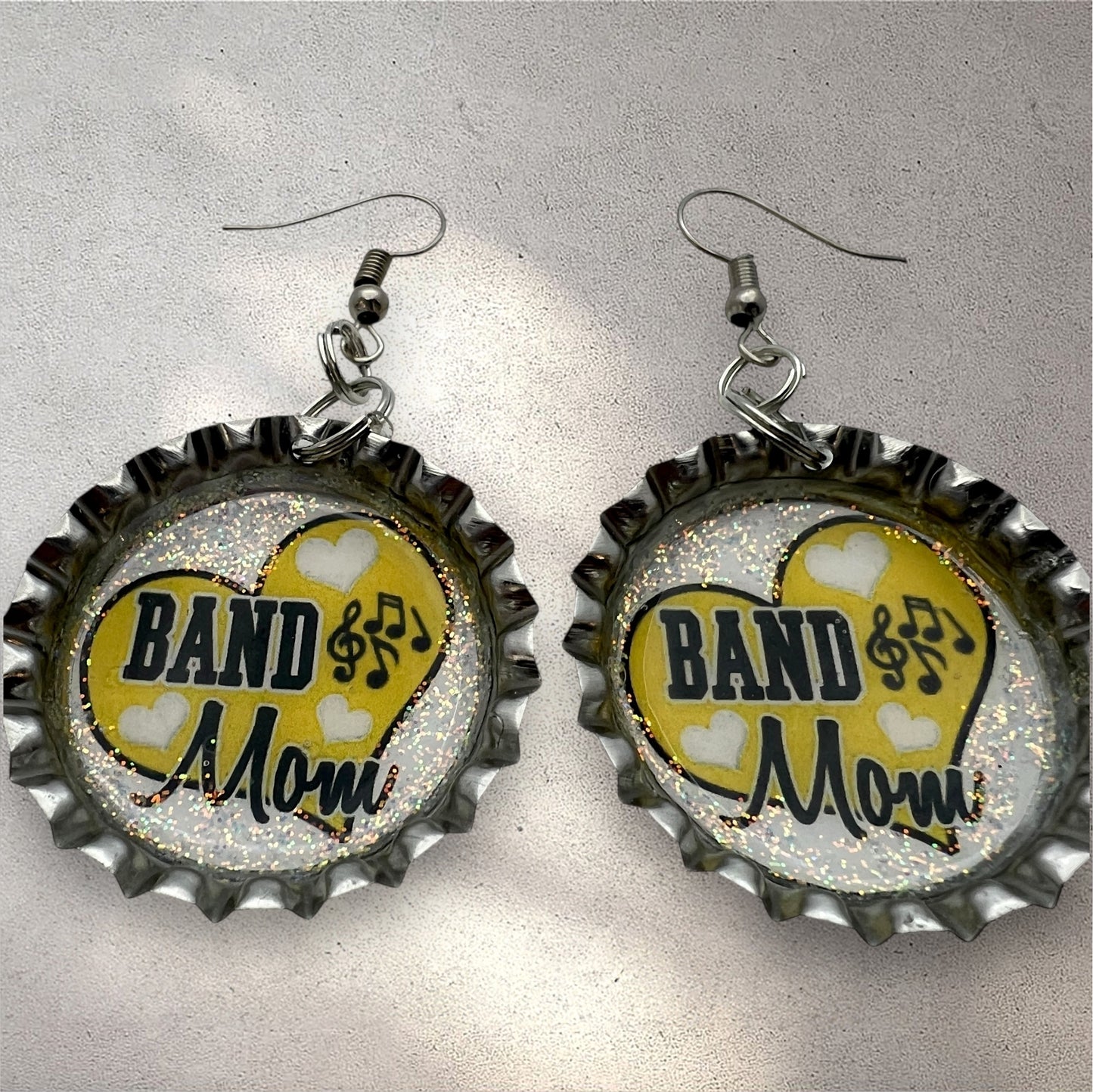 Yellow Band Mom Bottle Cap Earrings – Glitter Heart Music Note Dangle Jewelry