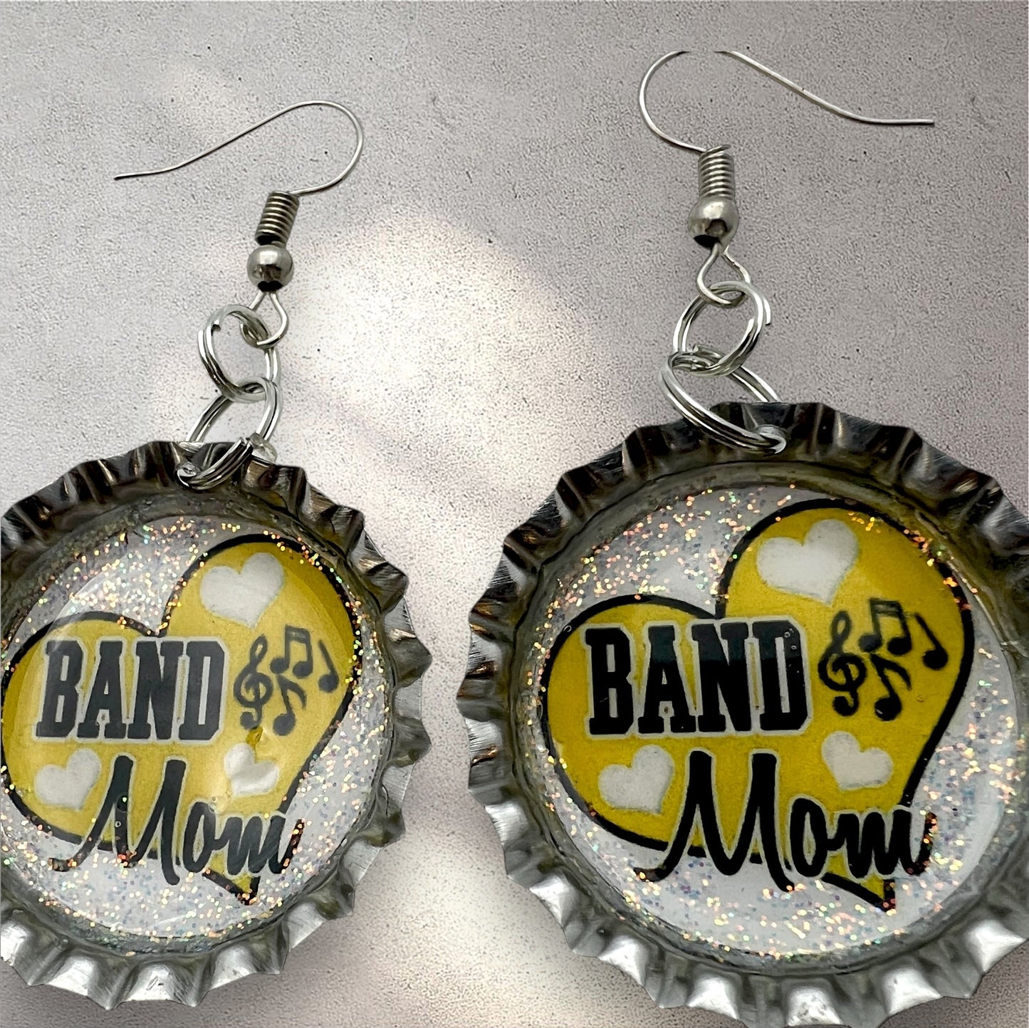 Yellow Band Mom Bottle Cap Earrings – Glitter Heart Music Note Dangle Jewelry