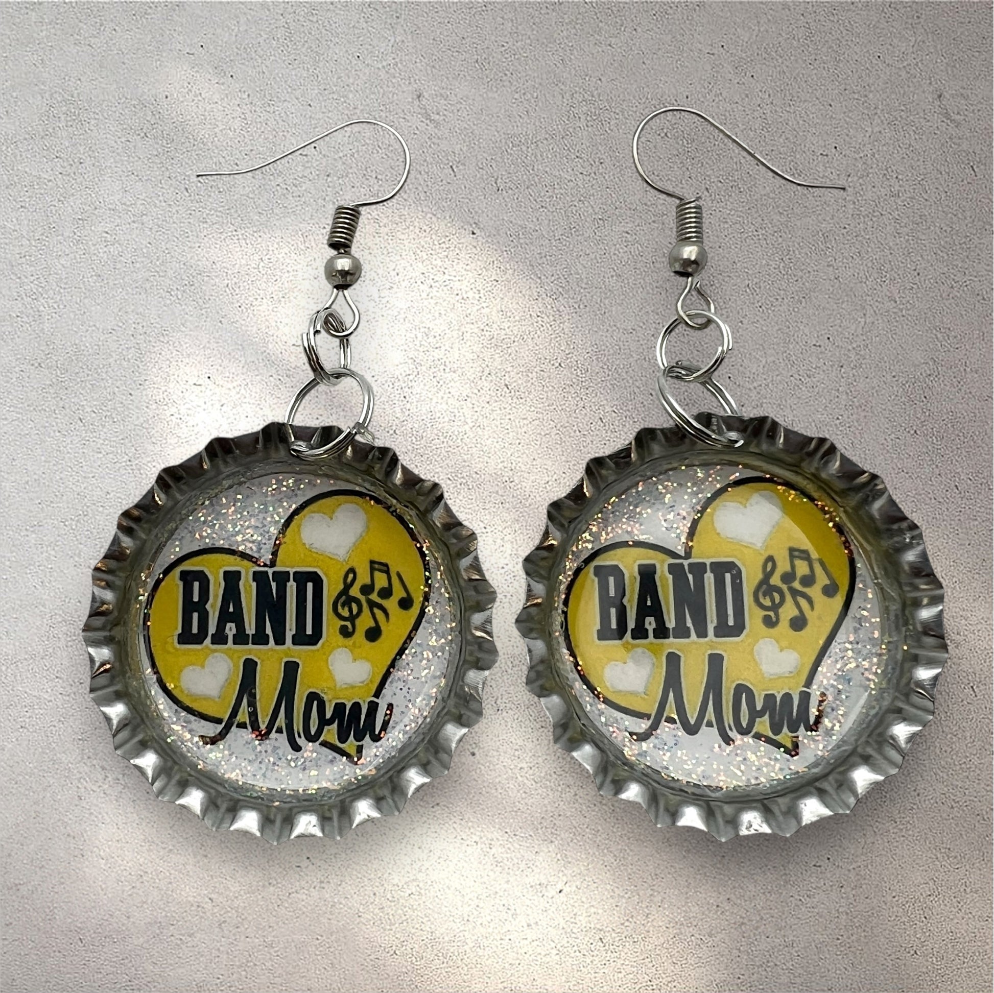 Yellow Band Mom Bottle Cap Earrings – Glitter Heart Music Note Dangle Jewelry