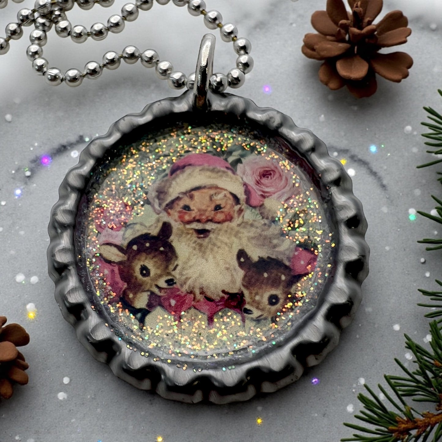 Retro Vintage Santa Bottle Cap Necklace