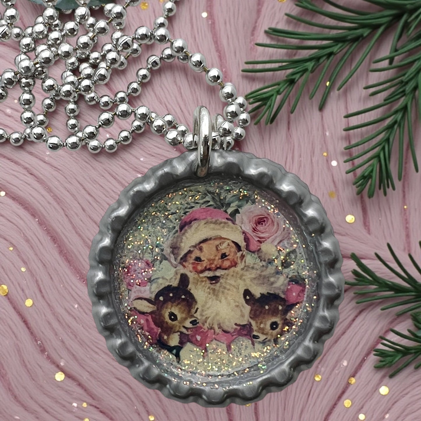 Retro Vintage Santa Bottle Cap Necklace