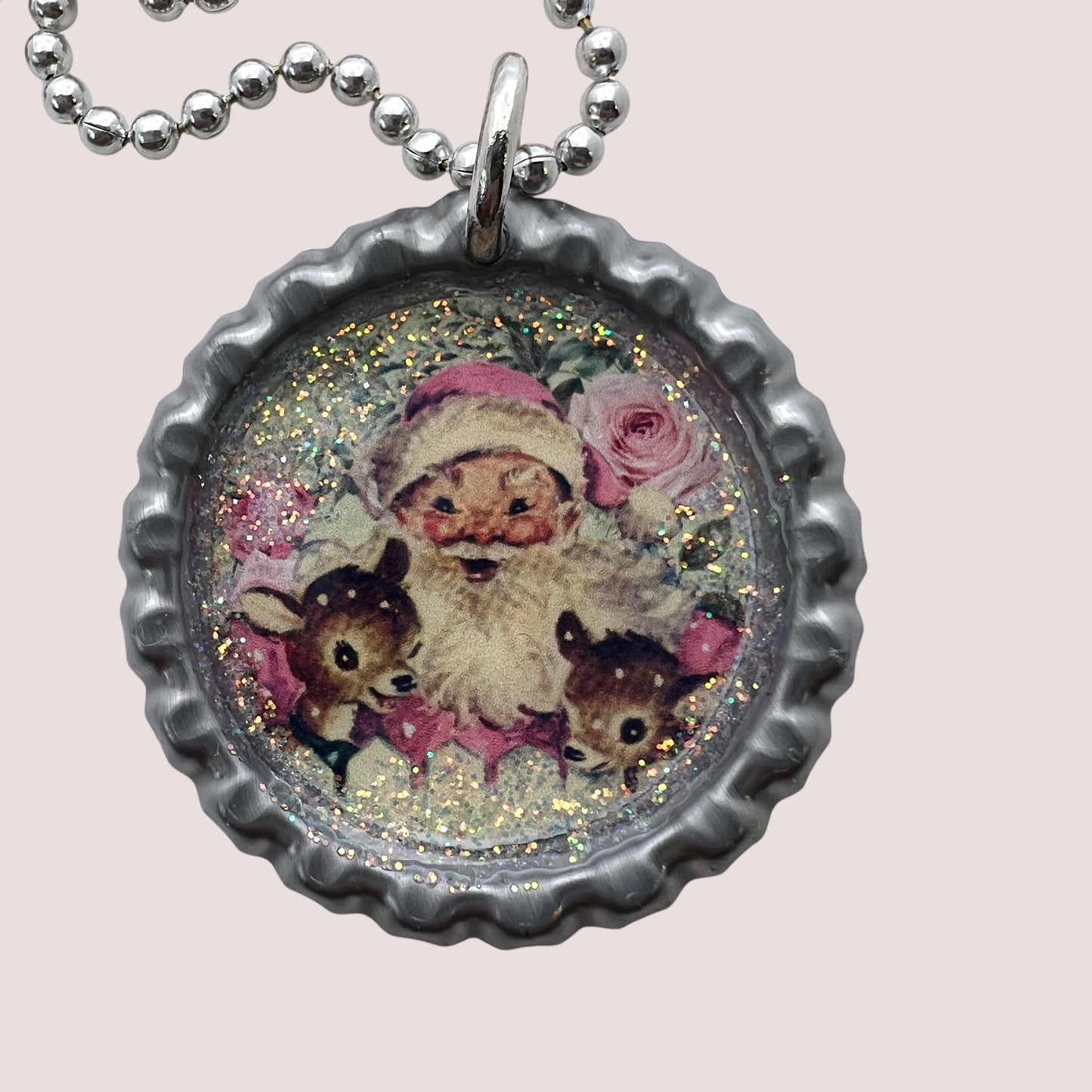 Retro Vintage Santa Bottle Cap Necklace