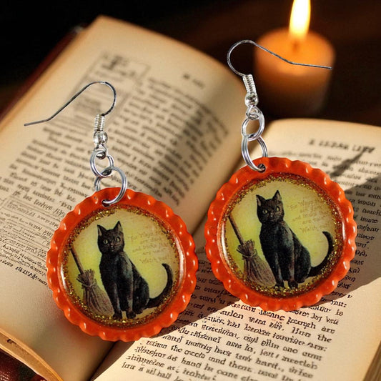 Halloween Black Cat Bottle Cap Earrings – Handmade Vintage Spooky Jewelry