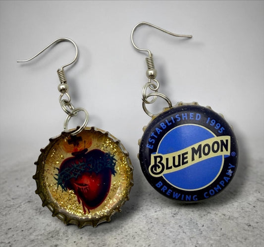 Upcycled Blue Moon Bottle Cap Sacred Heart Earrings