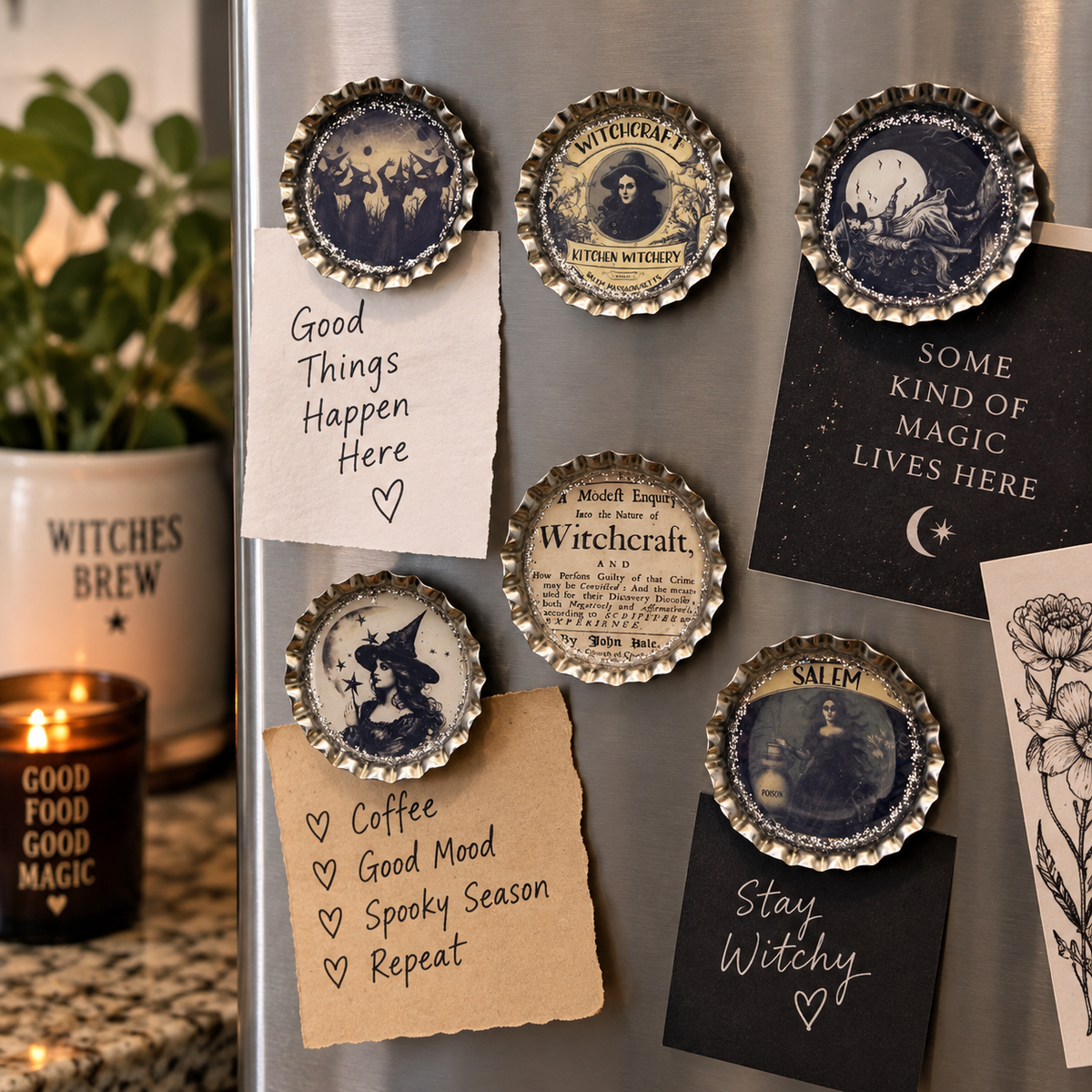 Salem Witchcraft Bottle Cap Magnet Set