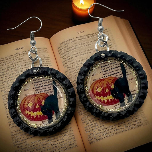 Black Cat & Jack-O’-Lantern Halloween Earrings – Handmade Bottle Cap Dangles