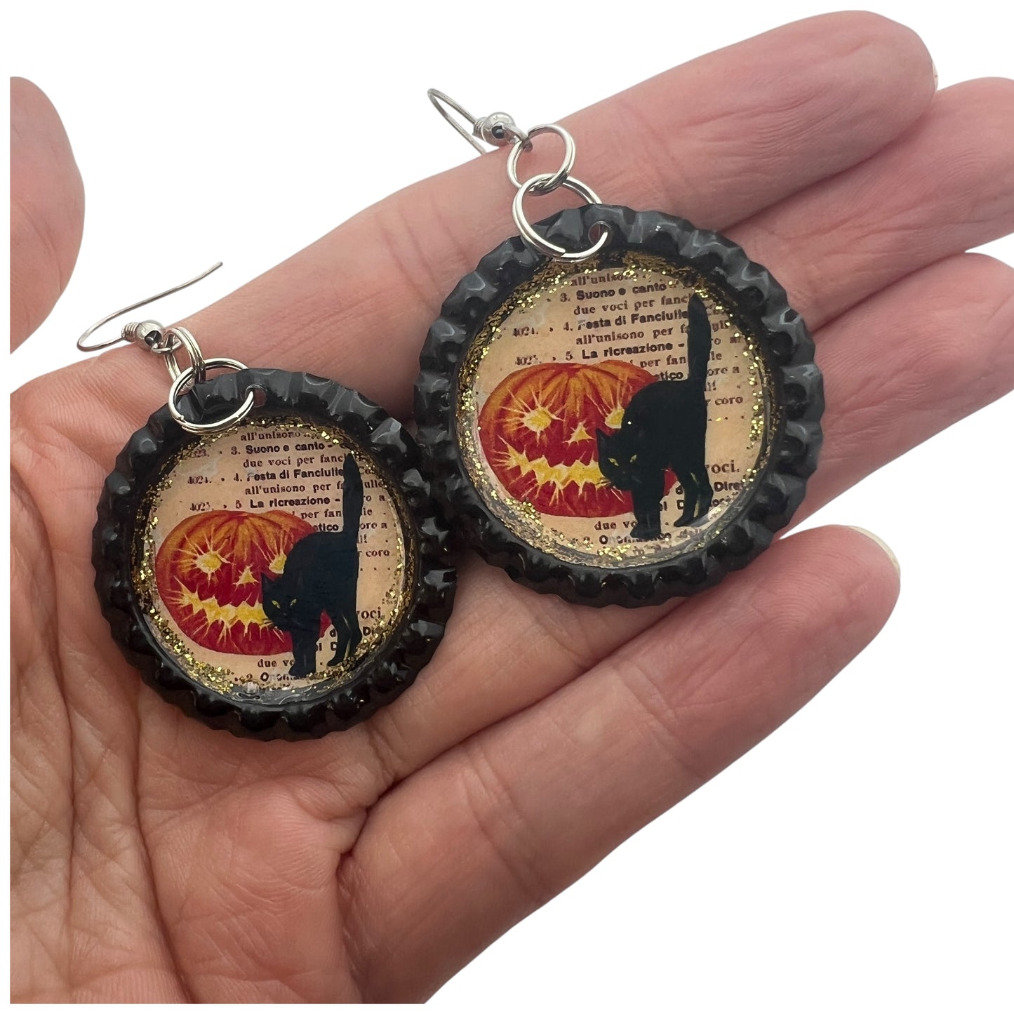 Black Cat & Jack-O’-Lantern Halloween Earrings – Handmade Bottle Cap Dangles
