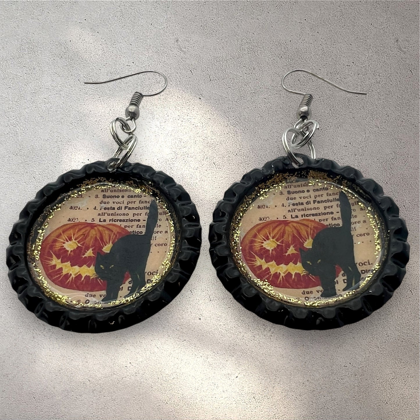 Black Cat & Jack-O’-Lantern Halloween Earrings – Handmade Bottle Cap Dangles