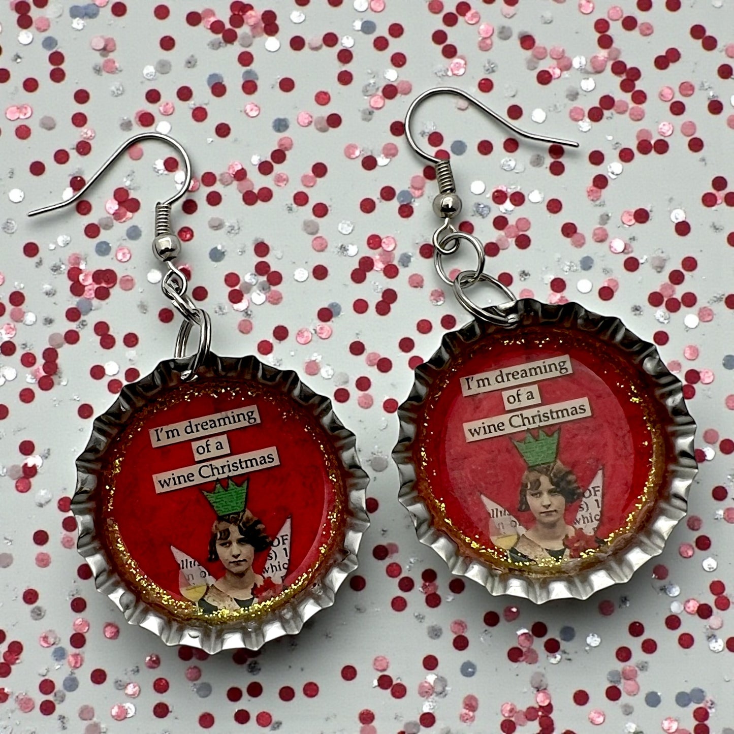 Wine Christmas Bottle Cap Earrings