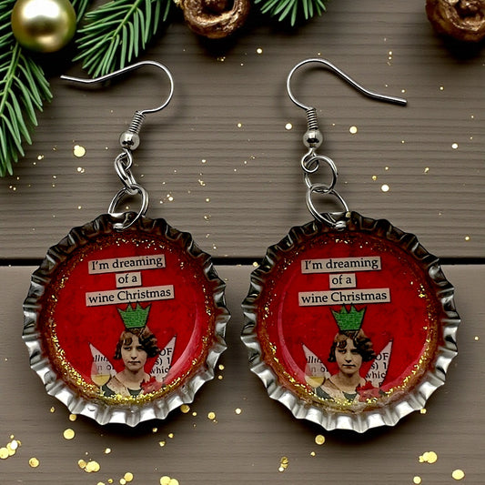 Wine Christmas Bottle Cap Earrings