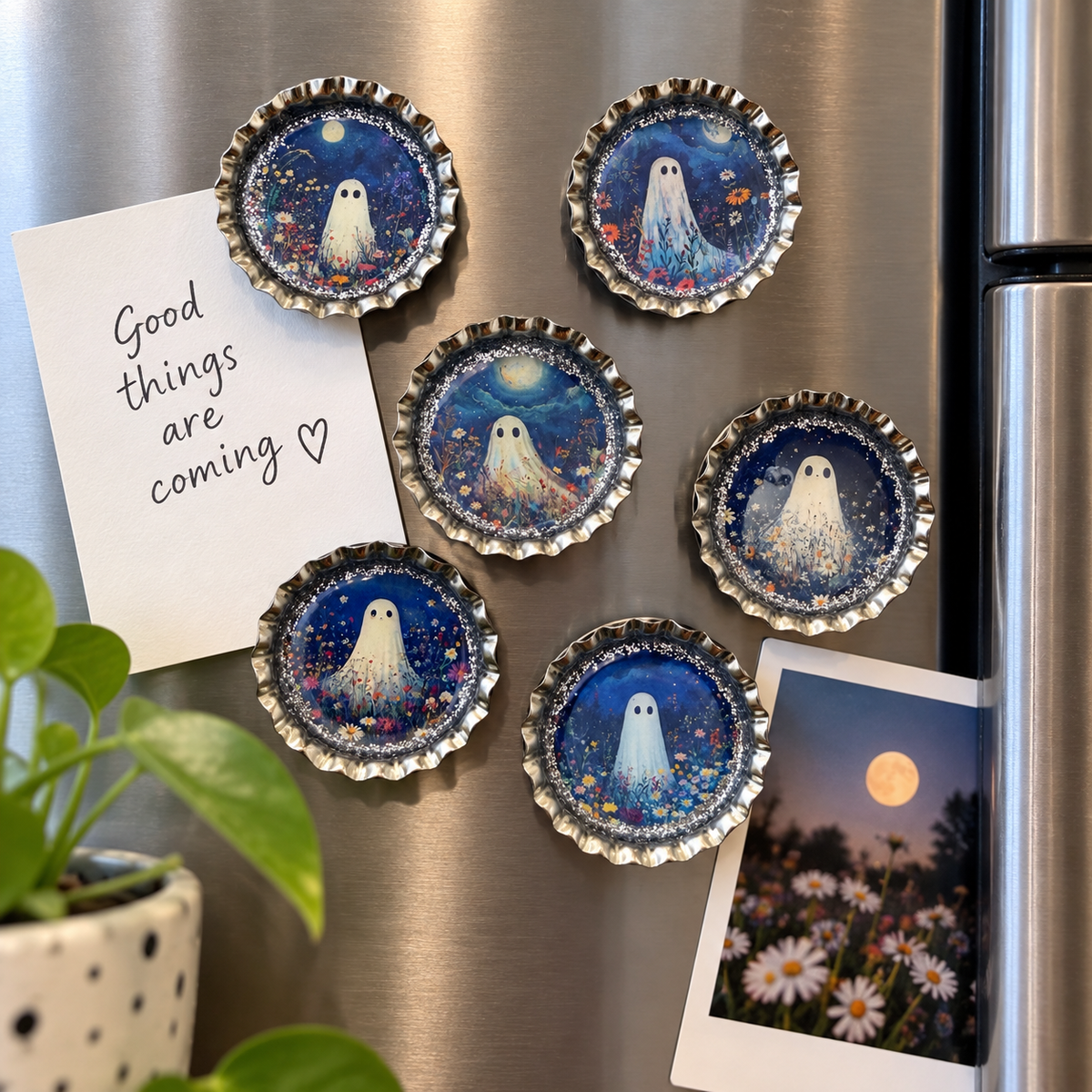 Spooky Floral Ghost Bottle Cap Magnet Set