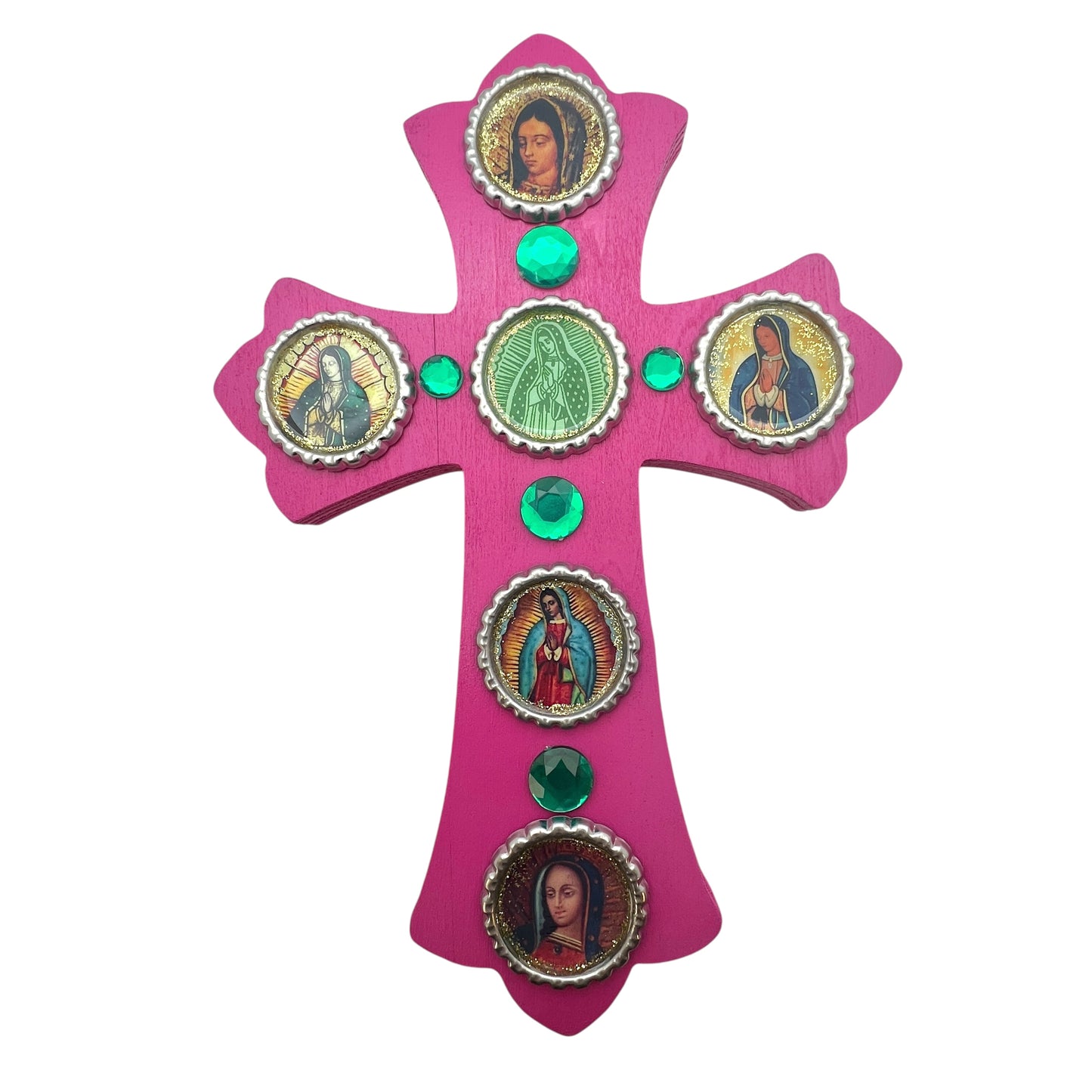Pink Wooden Cross with Virgen de Guadalupe – 8” Resin-Sealed Bottle Cap Folk Art