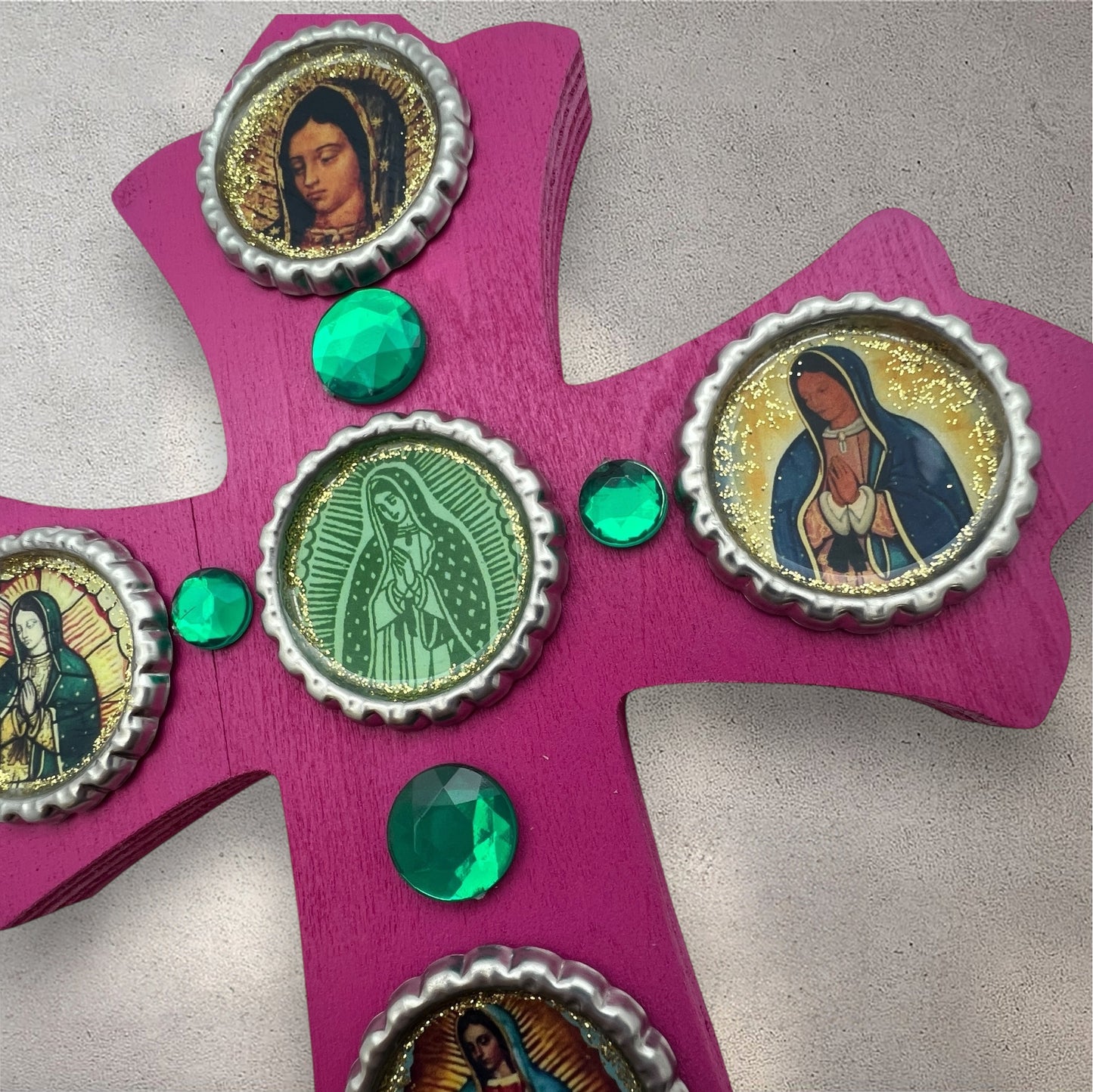 Pink Wooden Cross with Virgen de Guadalupe – 8” Resin-Sealed Bottle Cap Folk Art