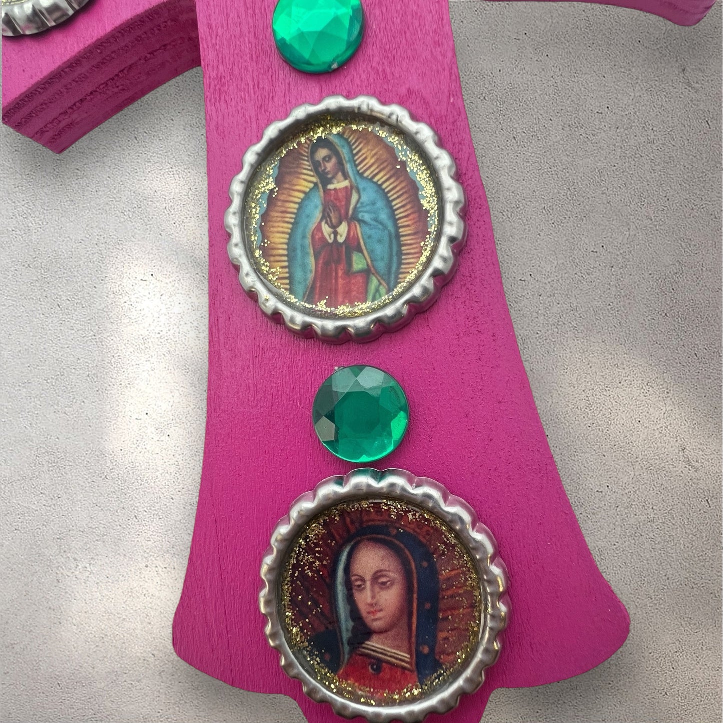 Pink Wooden Cross with Virgen de Guadalupe – 8” Resin-Sealed Bottle Cap Folk Art