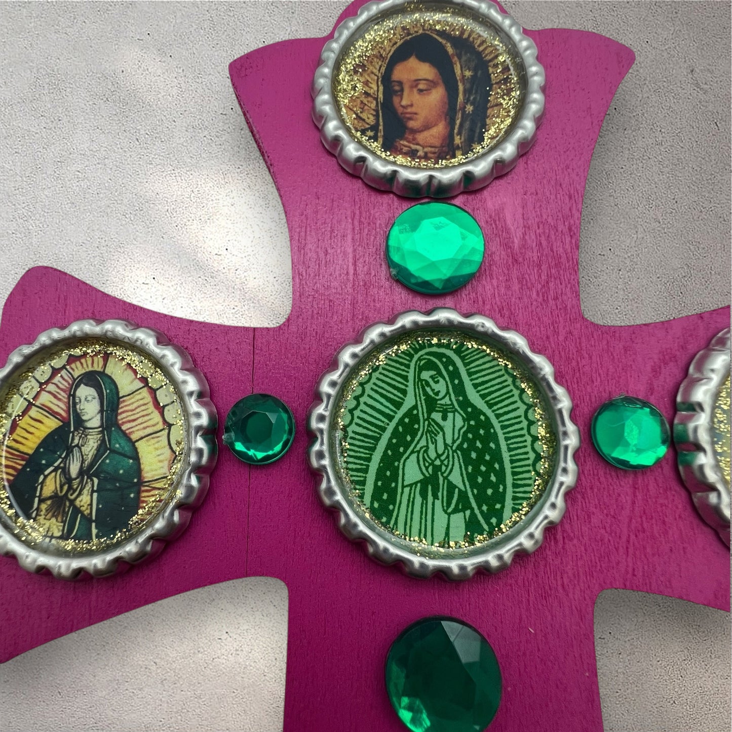 Pink Wooden Cross with Virgen de Guadalupe – 8” Resin-Sealed Bottle Cap Folk Art