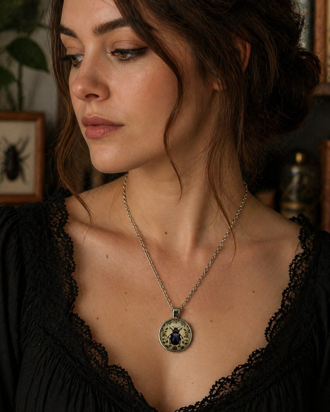 Gothic Beetle Glass Pendant Necklace