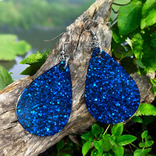 Medium Royal Blue Glitter Resin Teardrop Earrings