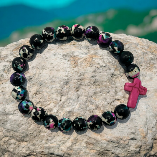 Hot Pink Stone Cross Stretch Bead Bracelet