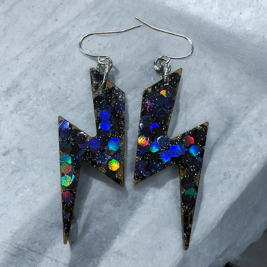 Electric Lightning Bolt Resin Midnight Holographic Earrings